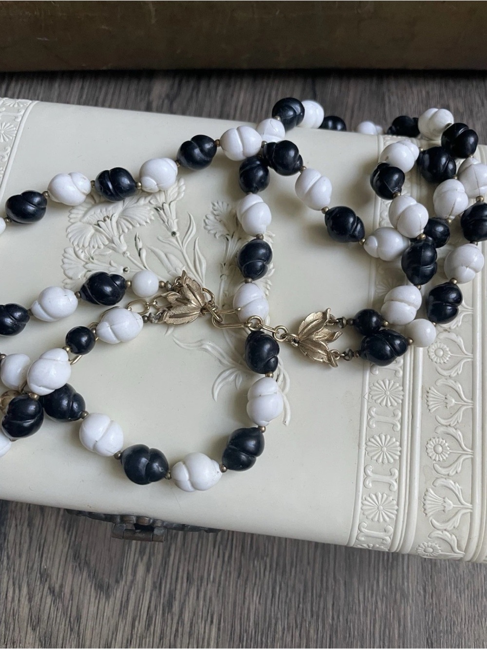 Vintage Trifari Triple Strand Black White Beaded Necklace